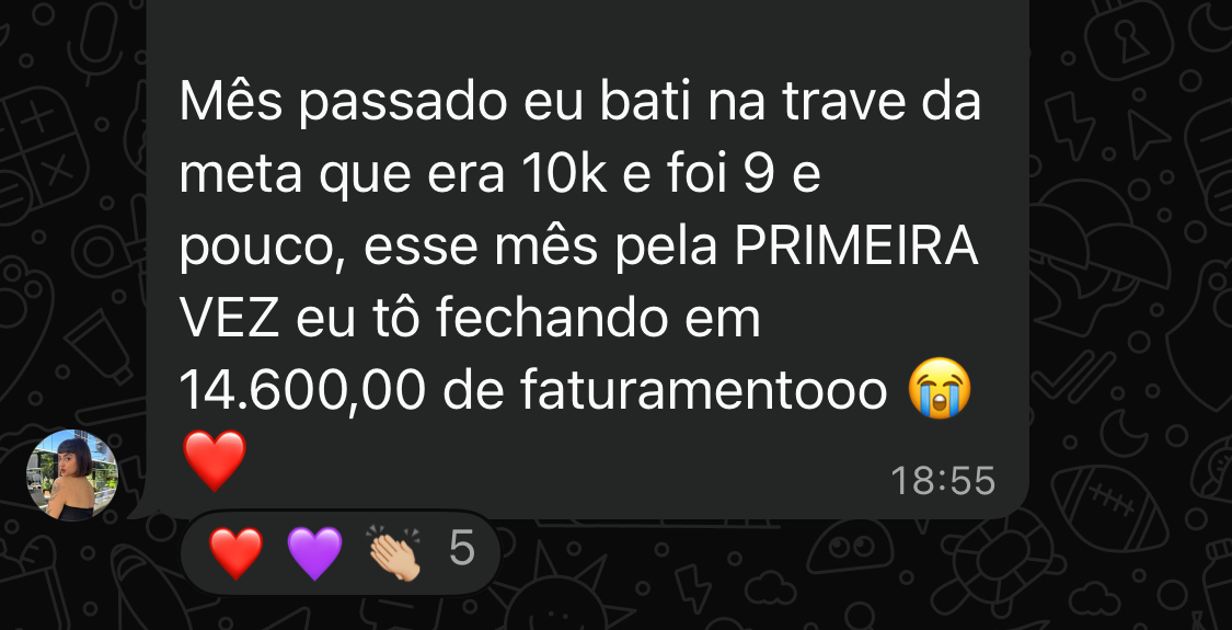 Print de conversa mostrando consultora batendo meta de faturamento de R$14.600