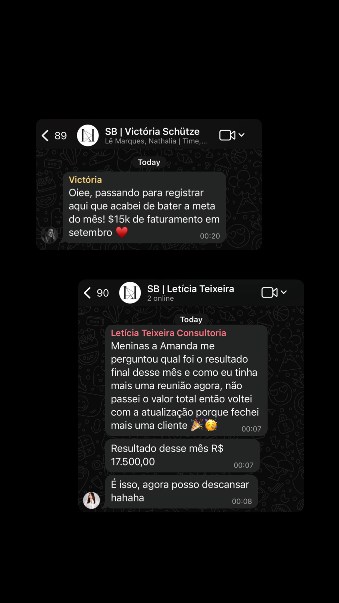 Print de conversa mostrando Victória Schütze batendo meta do mês com R$15 mil