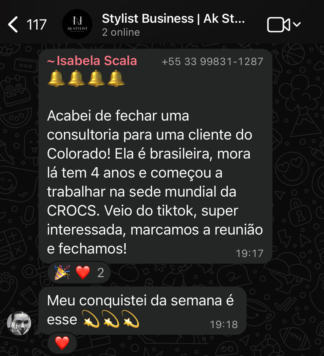 Print de conversa mostrando consultora fechando consultoria com cliente internacional