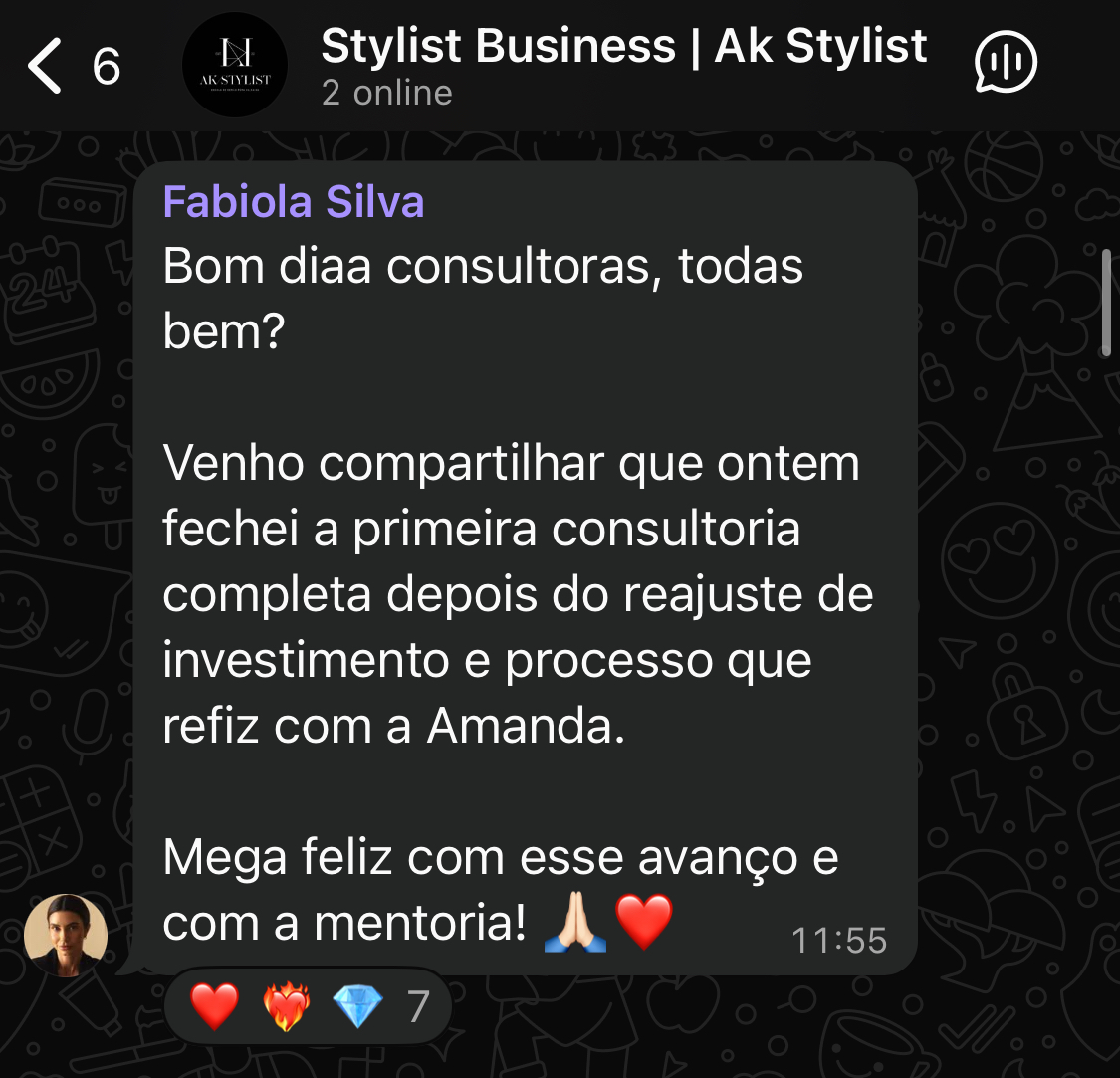 Print de mensagem da Fabíola Silva no grupo comentando sobre o reajuste de investimento e processo